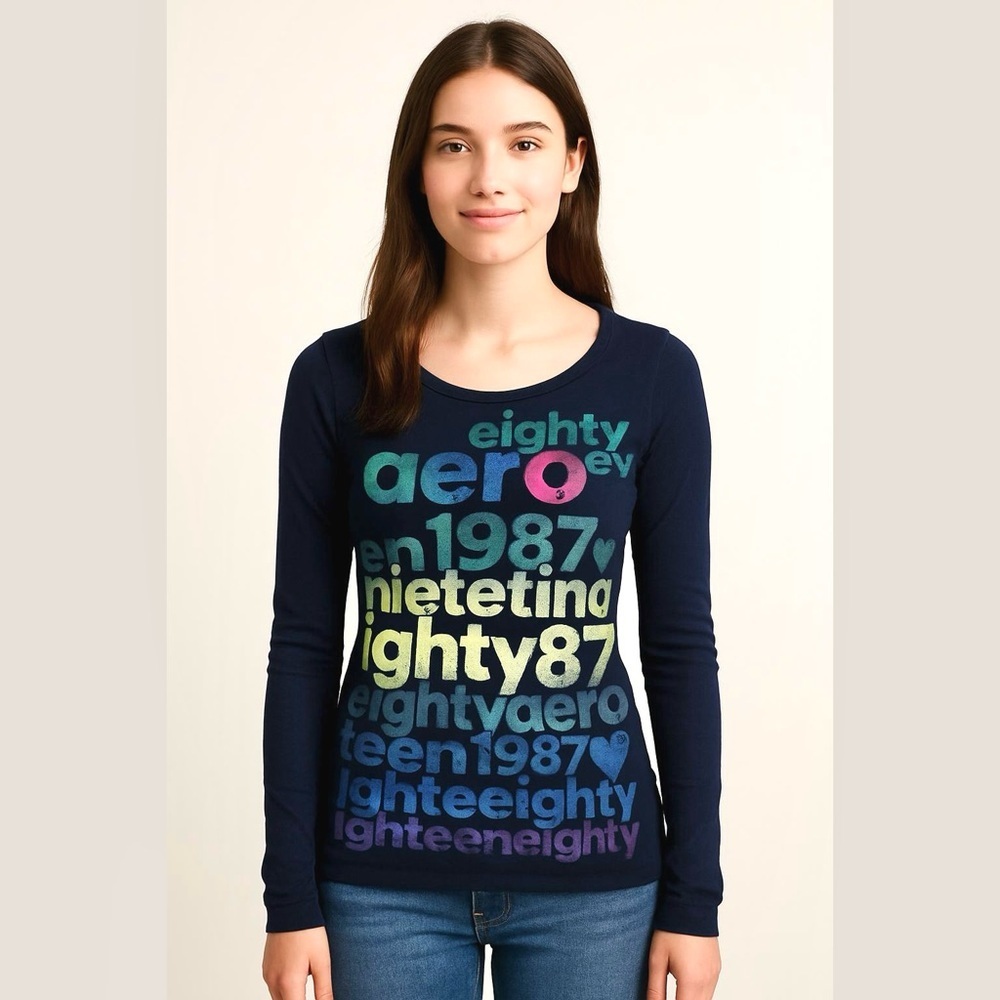 Aeropostale Navy Blue Waffle Knit Shirt Size Medium Long Sleeve 1987 Graphic NEW